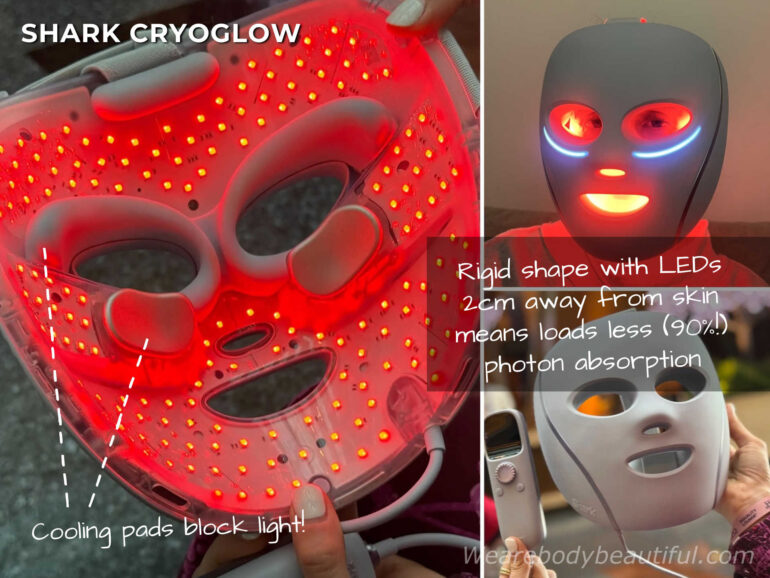 Inside the LEDs of Shark Cryoglow mask shows regular placement but the LEDs are 2cm away from the skin, which means loads less (90%) photon absorption! Also, the cooling pad around the eyes block rejuvenating light in these areas.