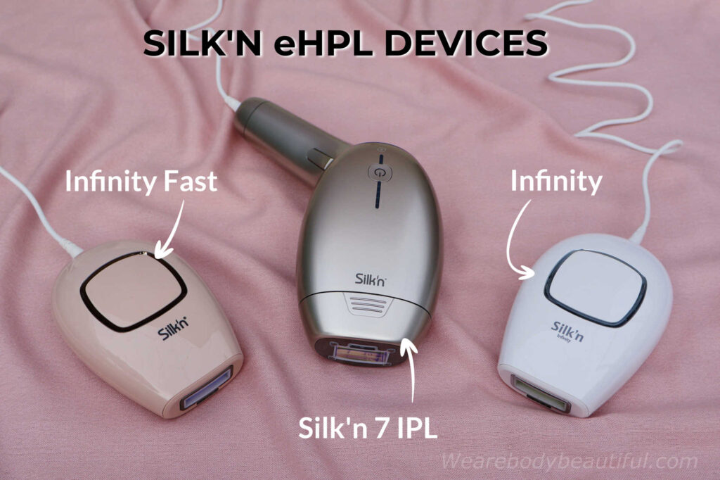 Side-by-side: the beige compact Infinity Fast, the larger Silk’n 7 IPL with rotatable handle, and original white compact Infinity all with eHPL safe for the darkest Fitzpatrick Type VI.